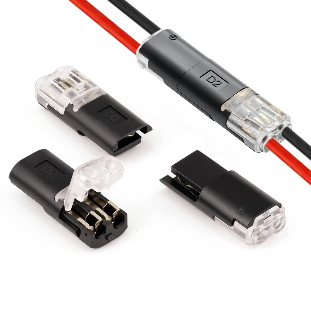 2-pin low voltage quick splice connectors with black housings and red/black wires