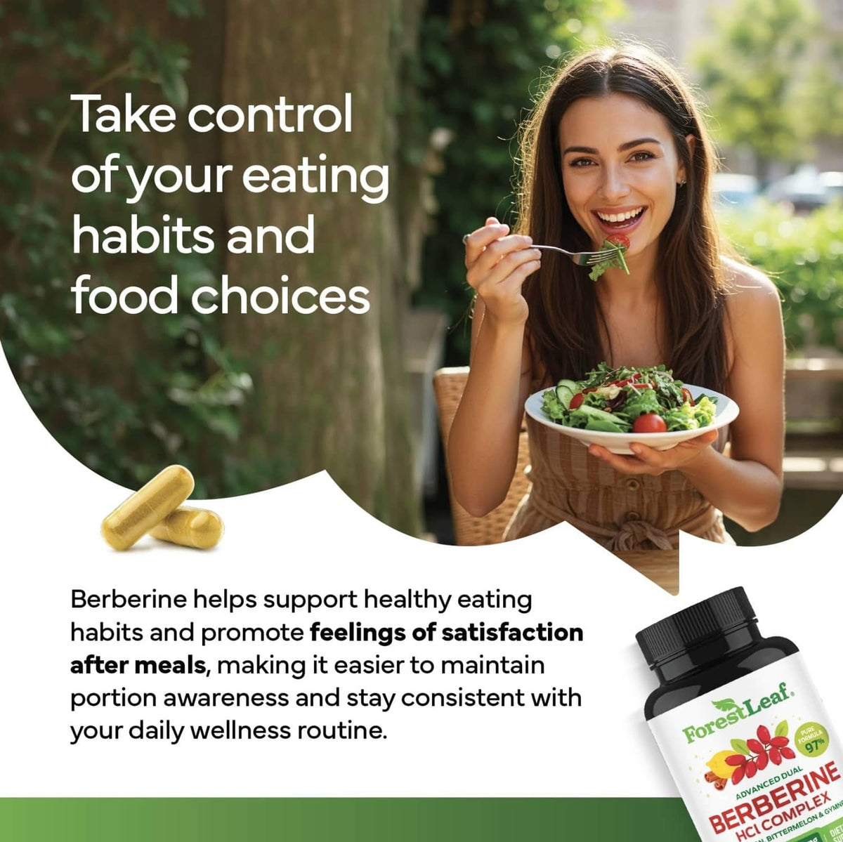 ForestLeaf berberine supplement bottle pictured in a healthy-eating promo layout