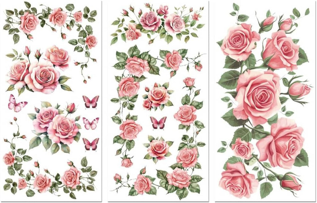 Three pink rose rub-on transfer sticker sheets with green leaves on white backgrounds