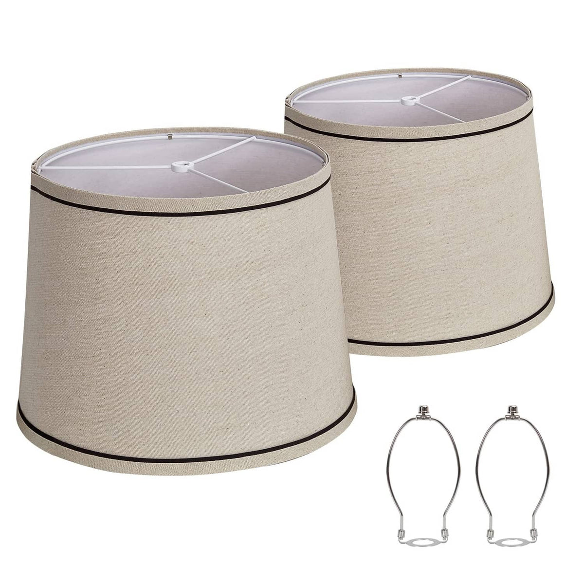 Beige fabric drum lamp shade set with black trim, two medium sizes
