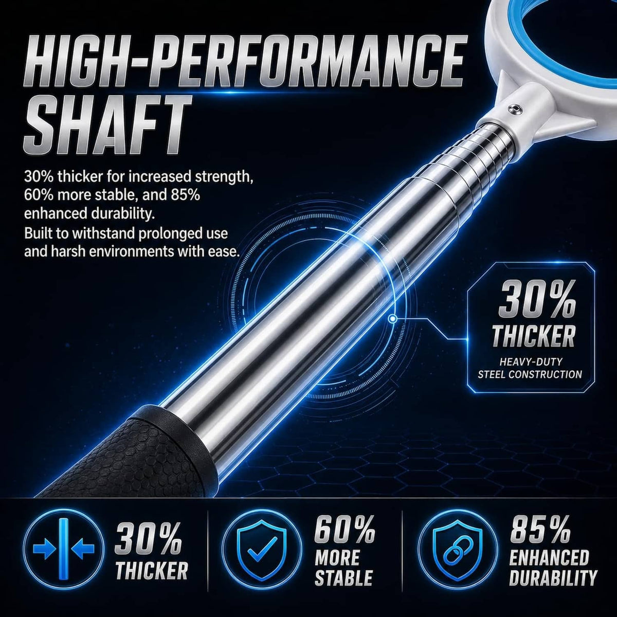 High-performance steel-shaft golf ball retriever with blue end collar