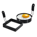 Black egg ring set with round and square molds, black handles on a frying pan