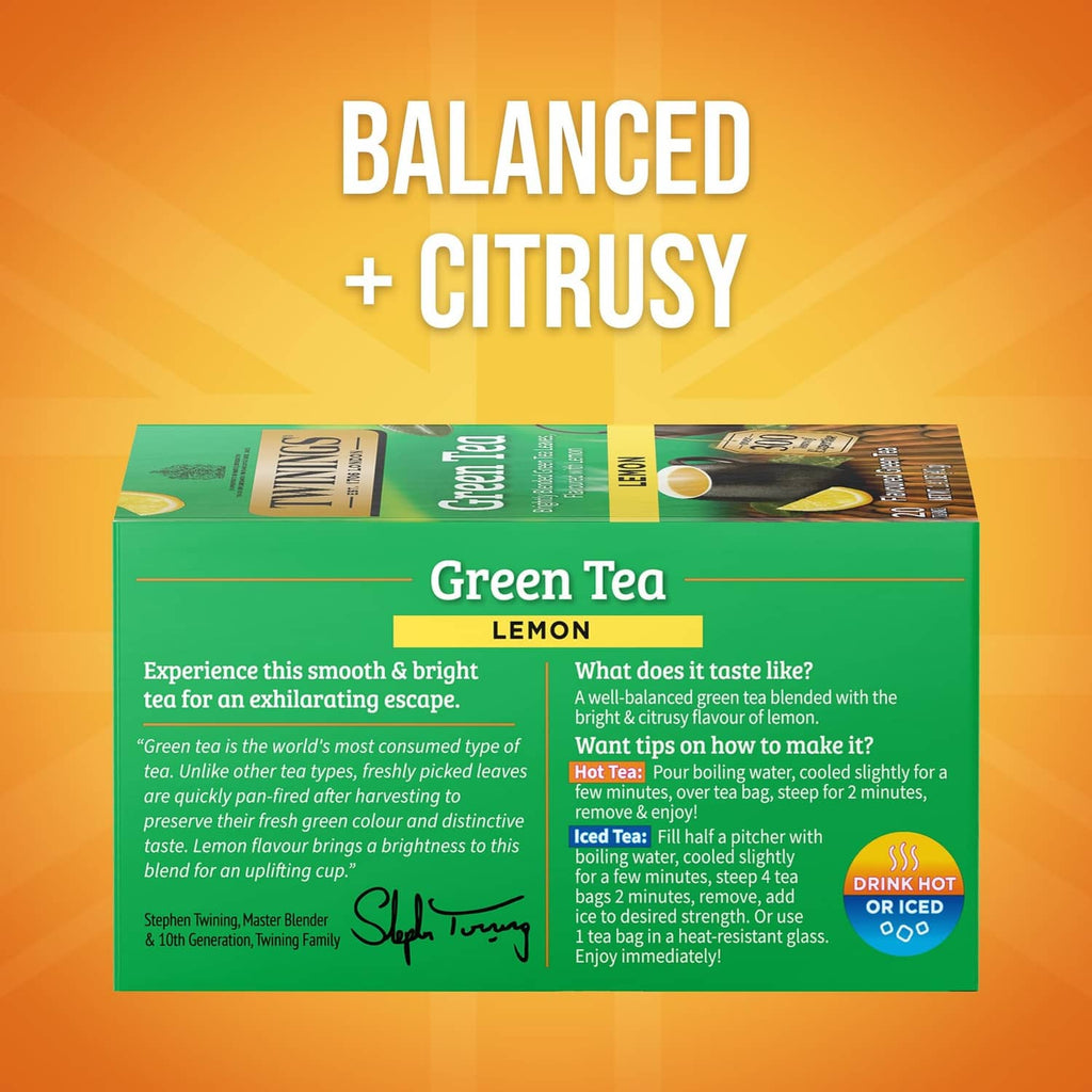 Green tea lemon tea bag pack back panel with serving and brewing info