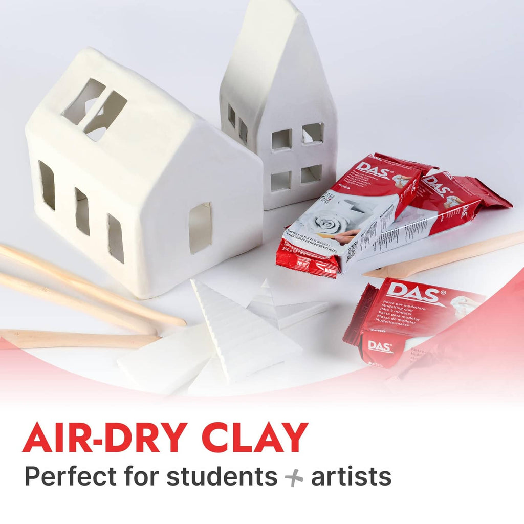 Air-dry clay for modeling: white house craft pieces with small DAS clay packets