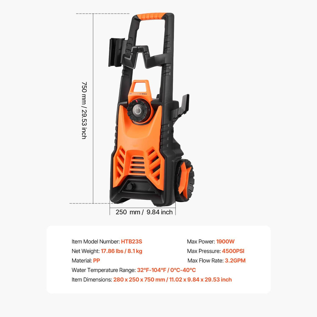 Orange and black electric pressure washer unit with handle, wheels, and spray gun mount
