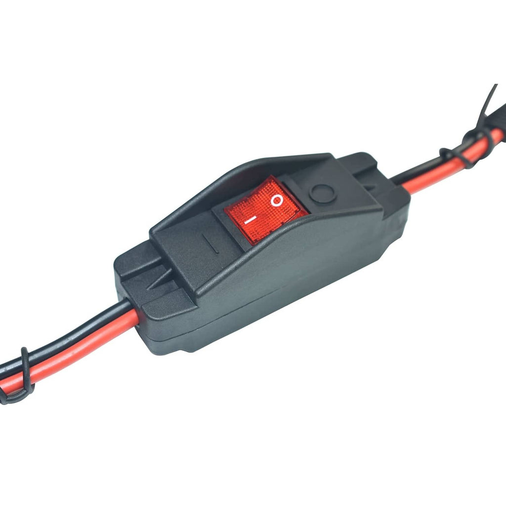 Power converter switch housing with red illuminated rocker and black cable leads