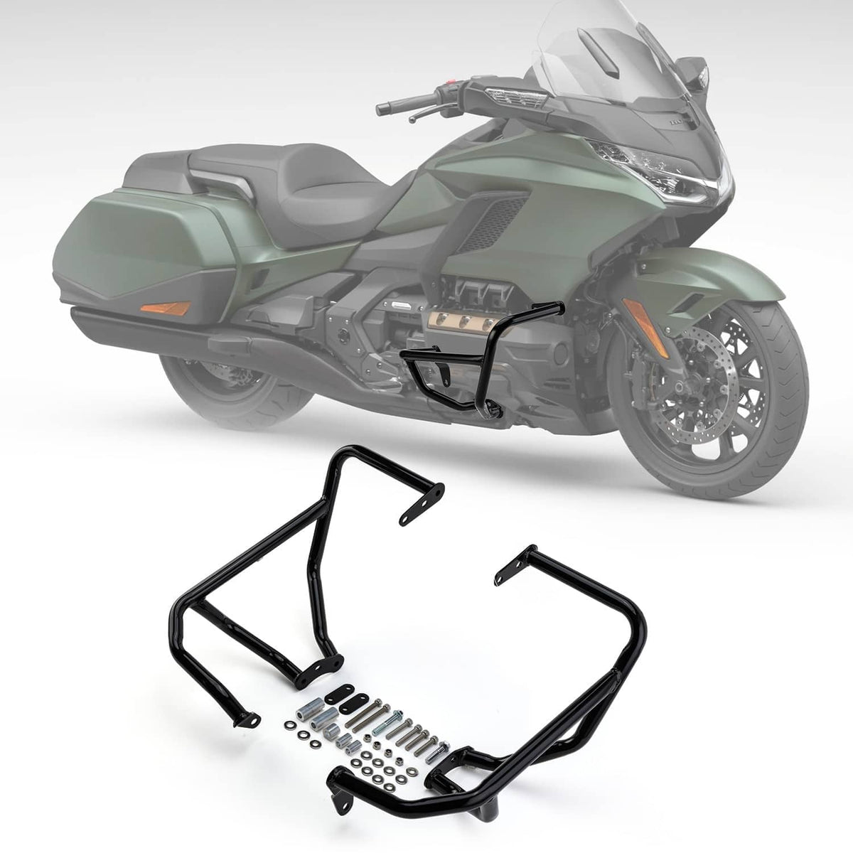 Black engine guard crash bars shown with motorcycle mounted and included hardware