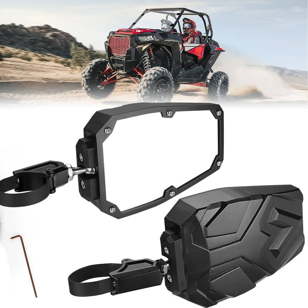 UTV side mirror set with black rectangular frames, mounting bracket, and strap mount