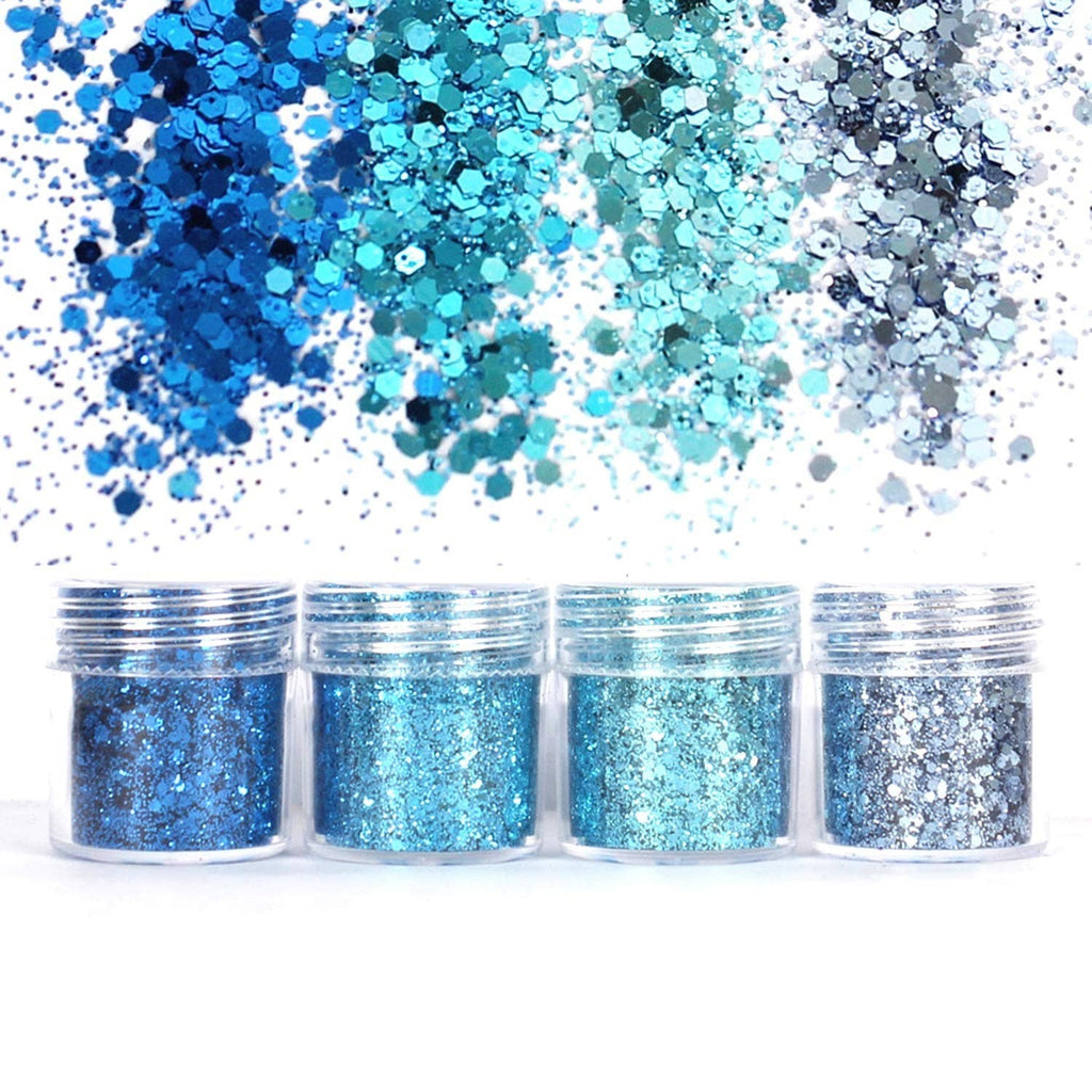 Blue and aqua chunky glitter flakes with four small clear jars