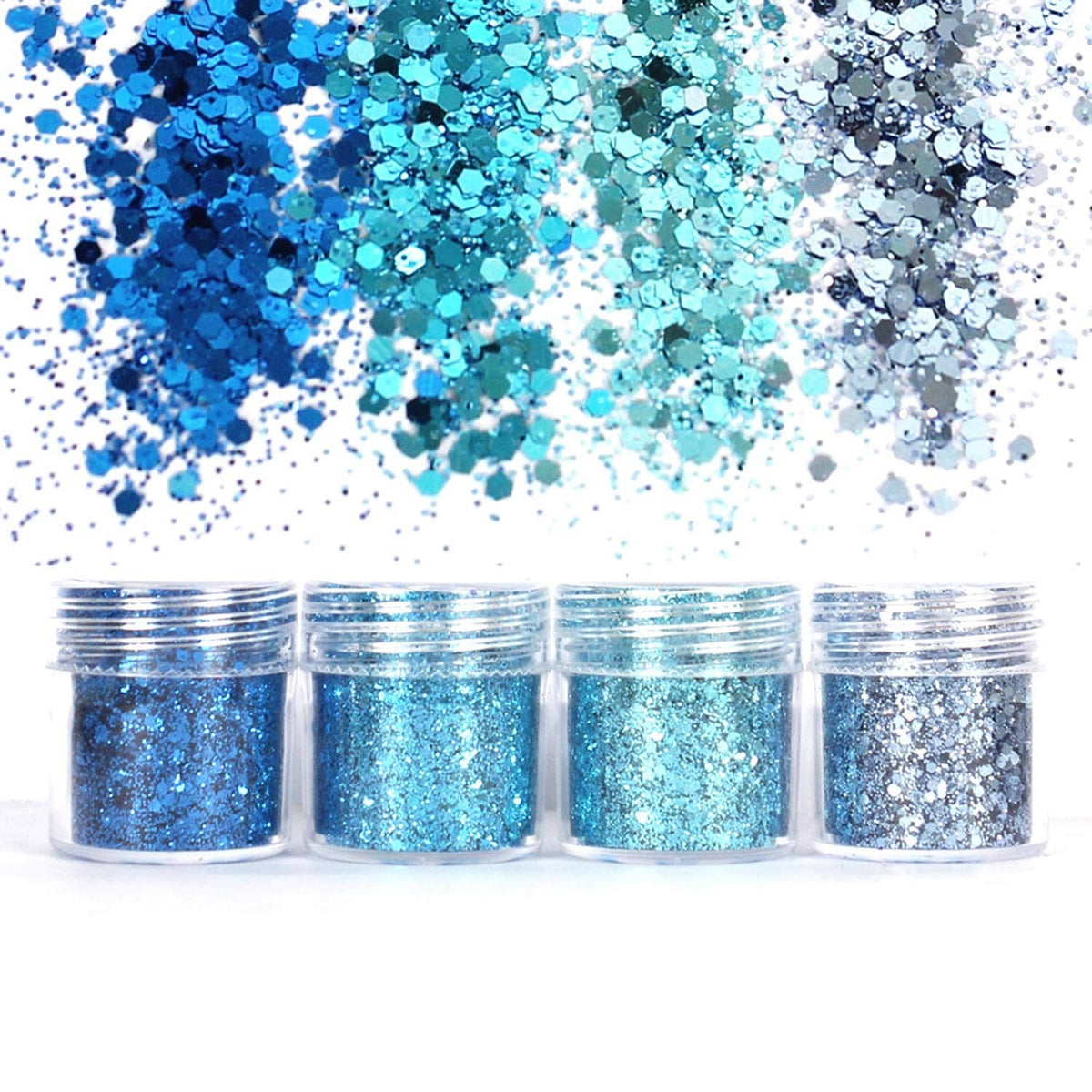 Blue and aqua chunky glitter flakes with four small clear jars