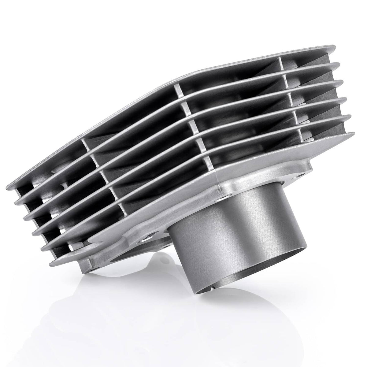 Cylinder head with cooling fins and piston bore outlet, brushed silver