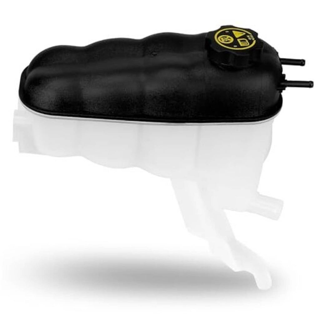 Coolant expansion reservoir tank with black cap and white plastic body