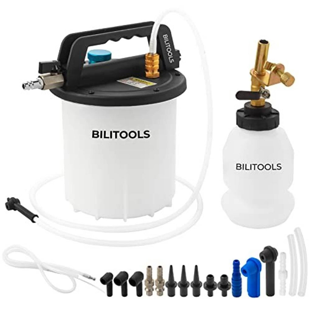 3L vacuum brake bleeder kit with canister, refill bottle, hose, and adapters
