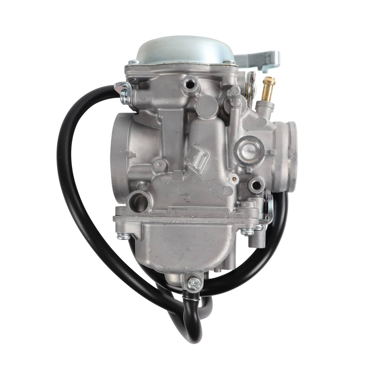 Carburetor with metal body and black hose, angled side view