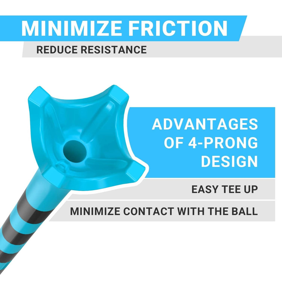 Blue 4-prong plastic golf tee head with central hole and short shaft