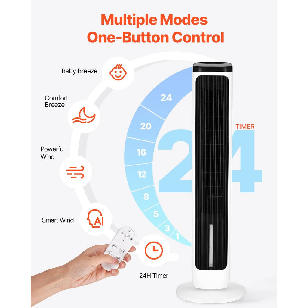 Tower fan with remote for one-button control, white body and black air intake grille