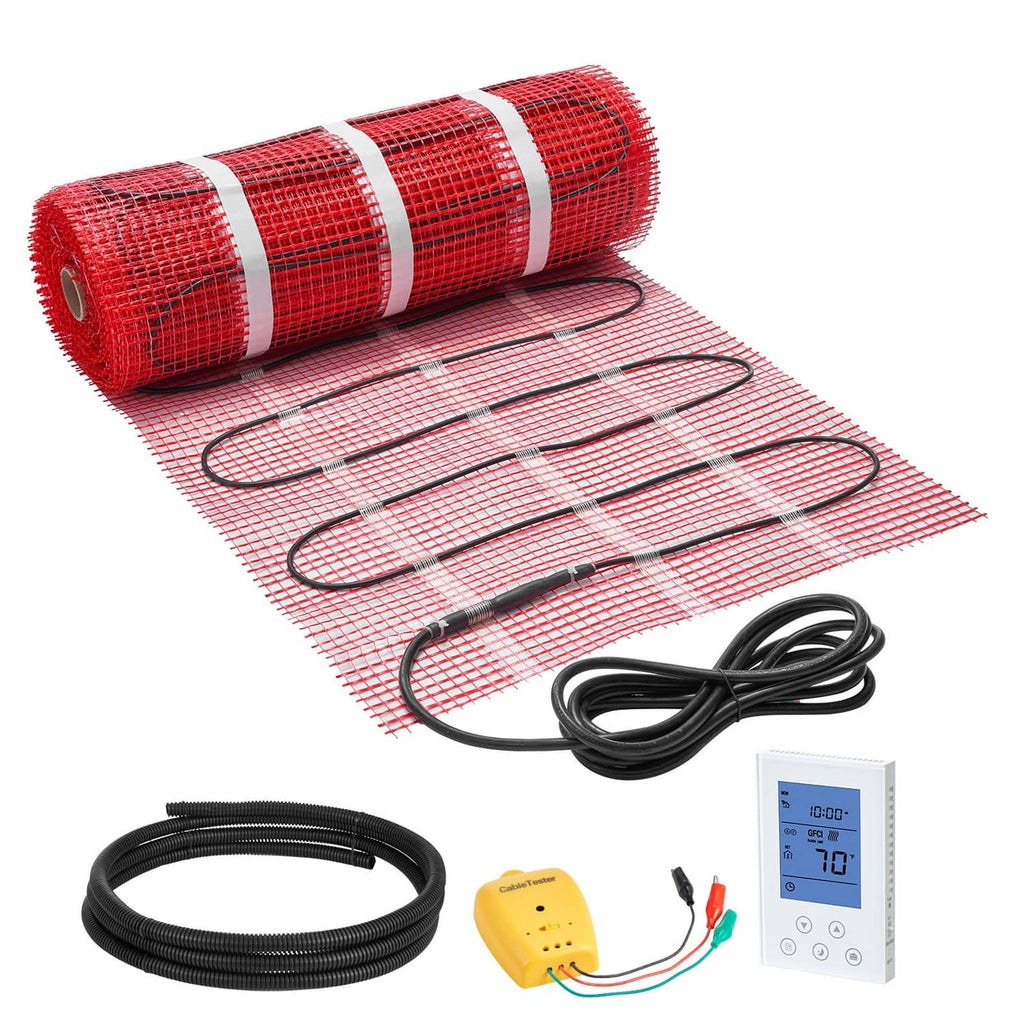 Self-adhesive mesh floor heating mat roll with black power cable and sensor wires