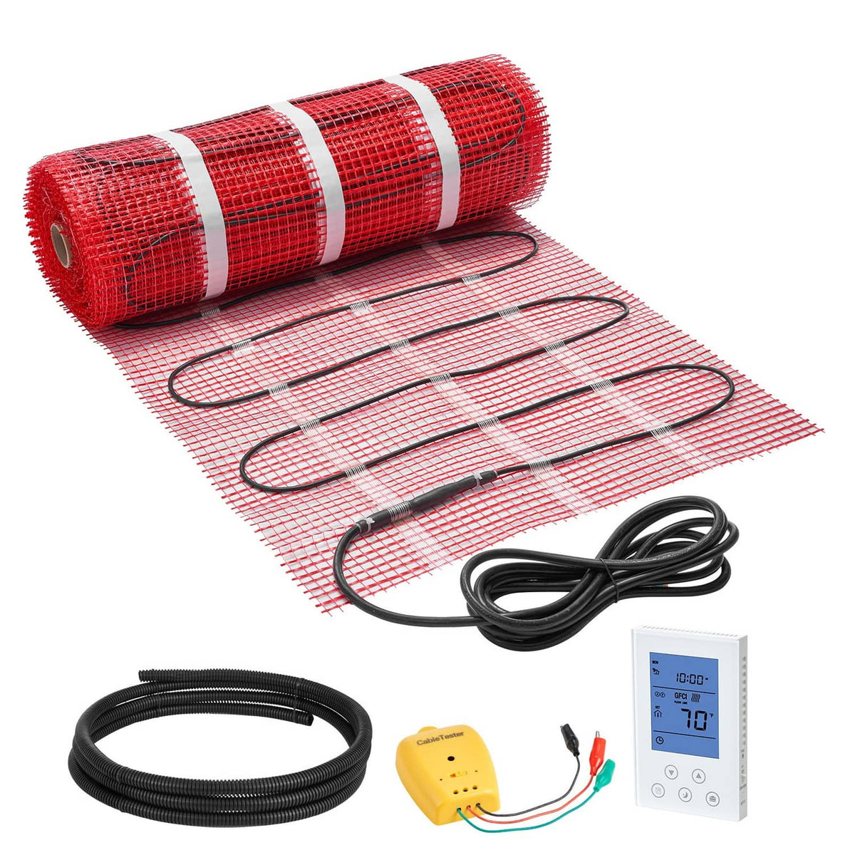 Self-adhesive mesh floor heating mat roll with black power cable and sensor wires
