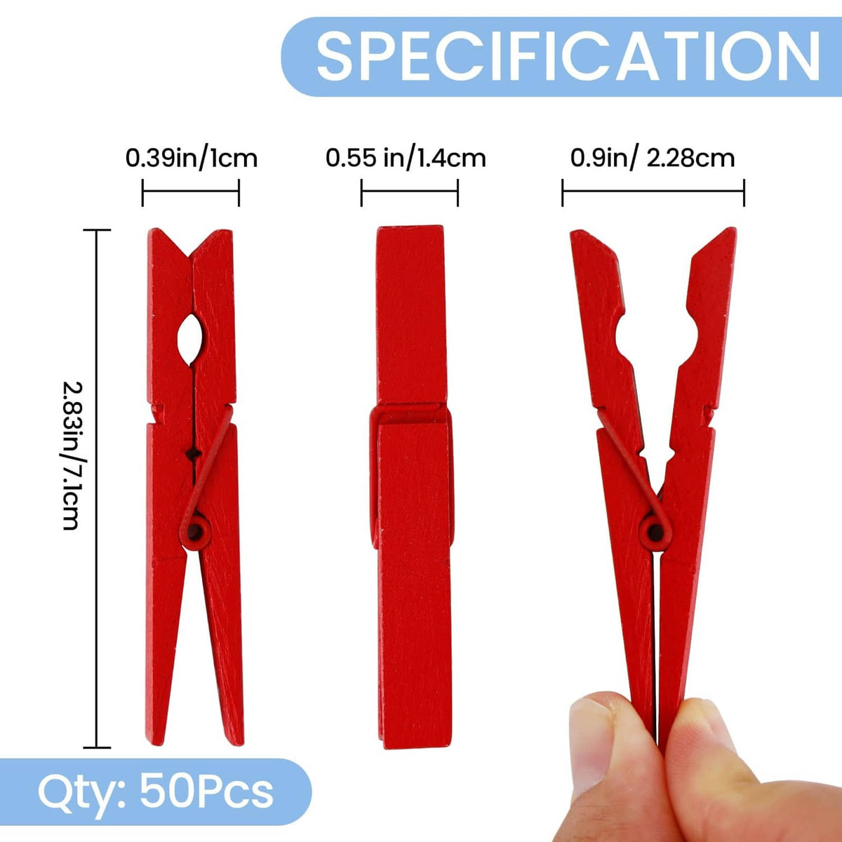 Red wooden clothespin size diagram with spring clip measurements