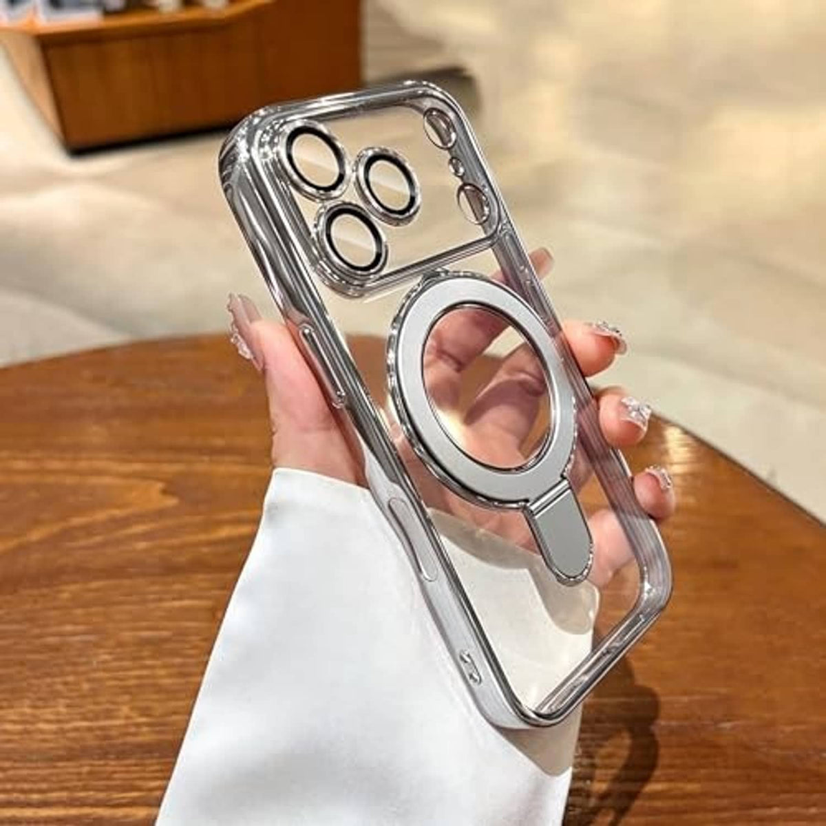Silvery transparent iPhone case with magnetic ring holder and camera-lens openings