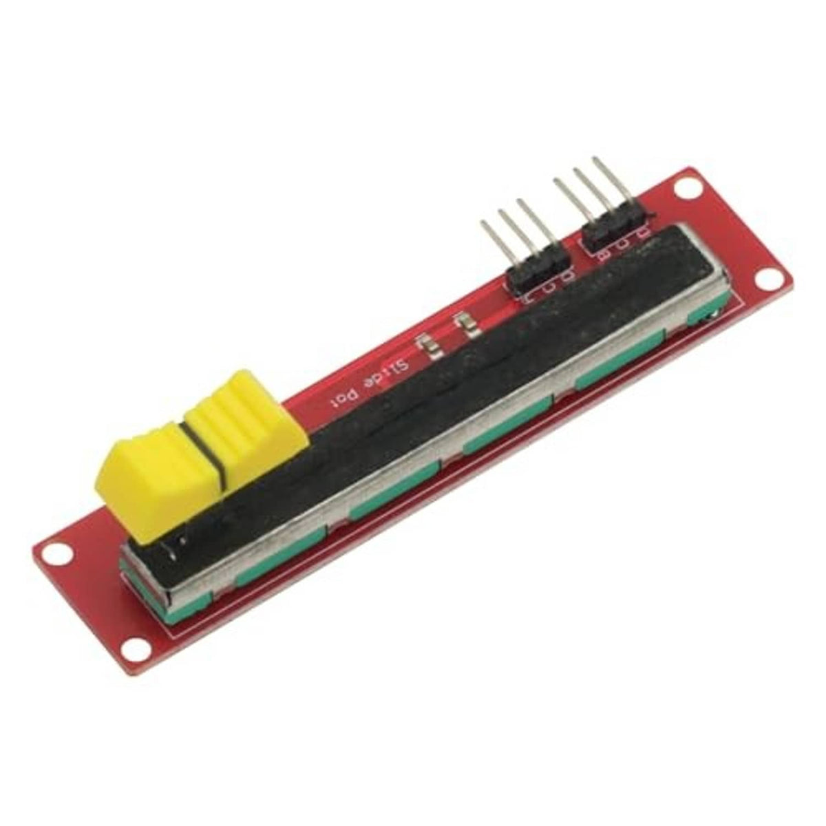 Slide potentiometer module angled view with yellow slider knob, red PCB, and 4-pin header