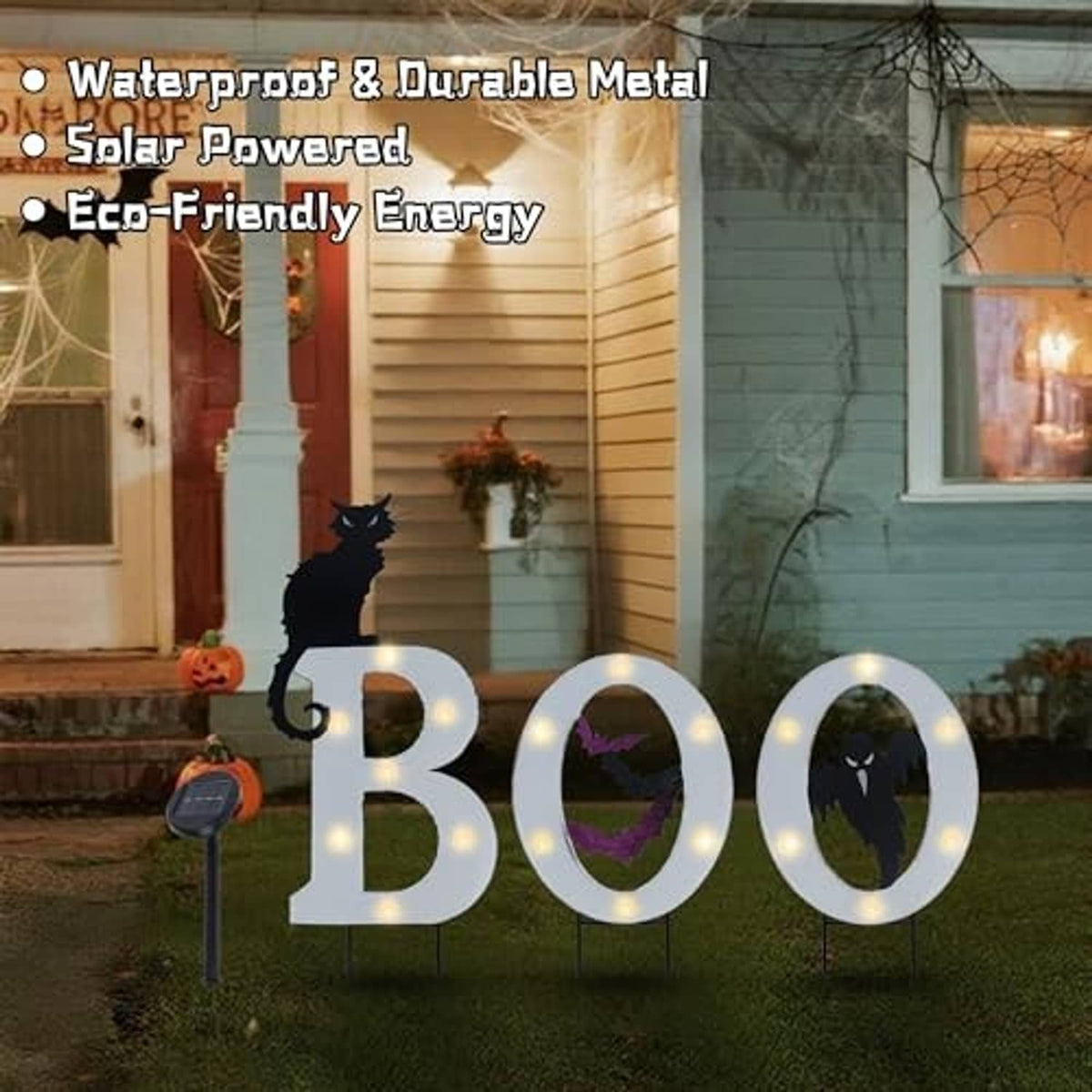 Outdoor BOO solar yard sign set with metal frames, glowing LEDs, and Halloween silhouettes
