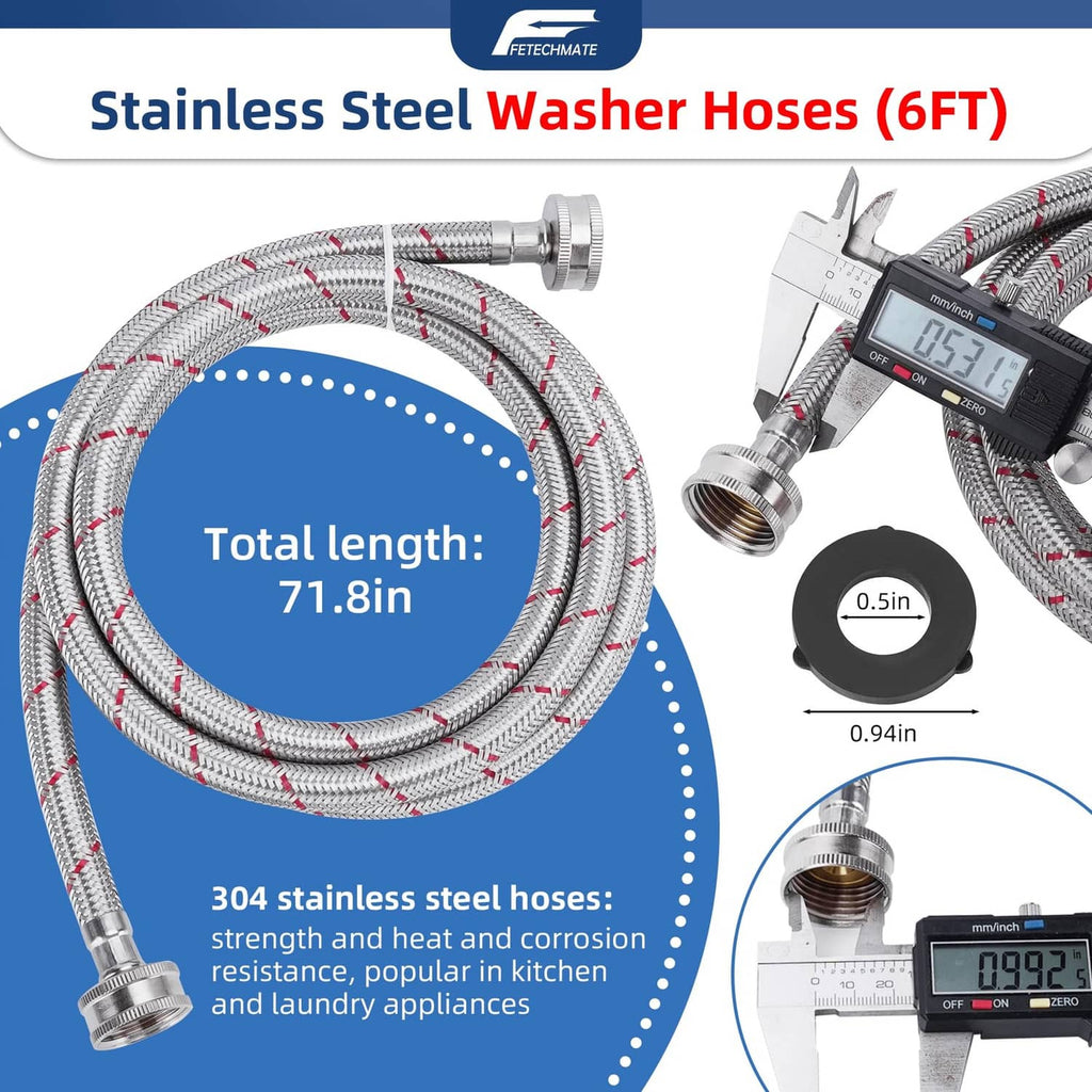 6FT braided stainless steel washer hoses with metal couplers and washers bundle