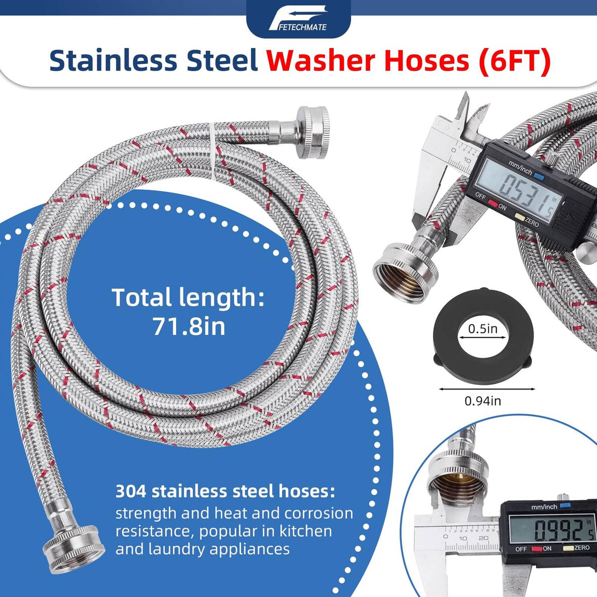 6FT braided stainless steel washer hoses with metal couplers and washers bundle