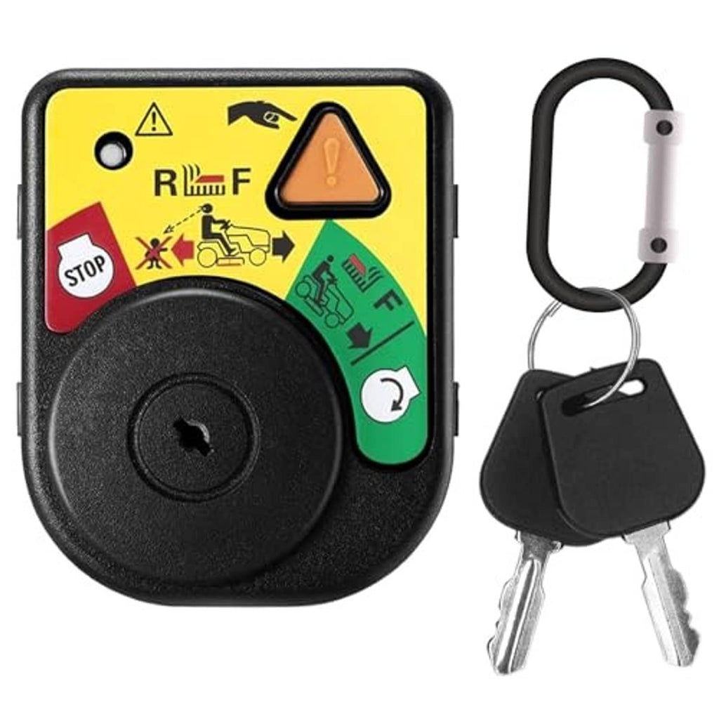Ignition module switch with key, black control housing with yellow panel and two keys on ring