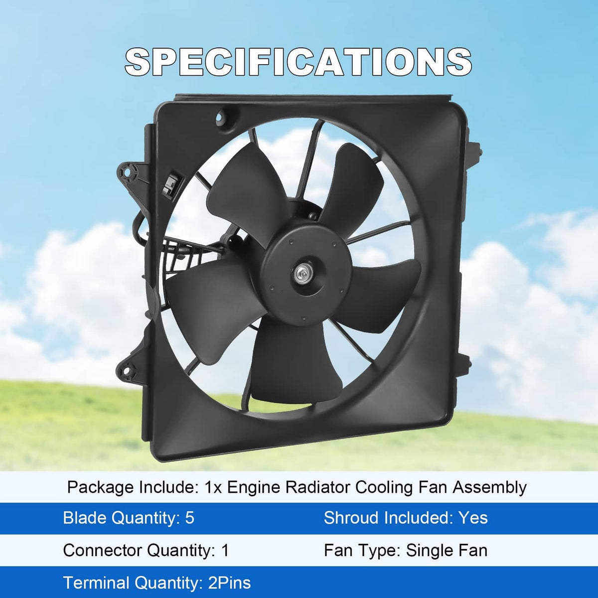 Black radiator cooling fan assembly with fan blades and circular center motor