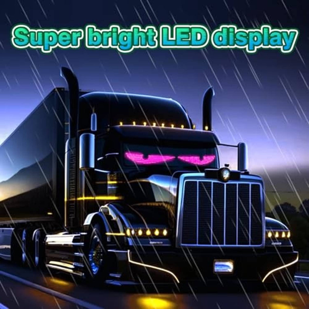 Truck with colorful LED devil eyes display lighting the front windshield