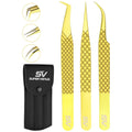 Gold diamond-grip eyelash extension tweezers set of 3 with black storage pouch