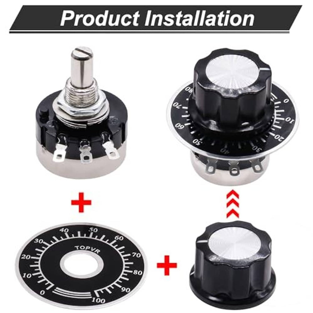 Rotary potentiometer installation views with black knob, dial scale, and 3 pin terminals