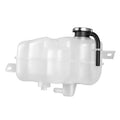 White engine coolant reservoir tank with black cap and attached tubing hose