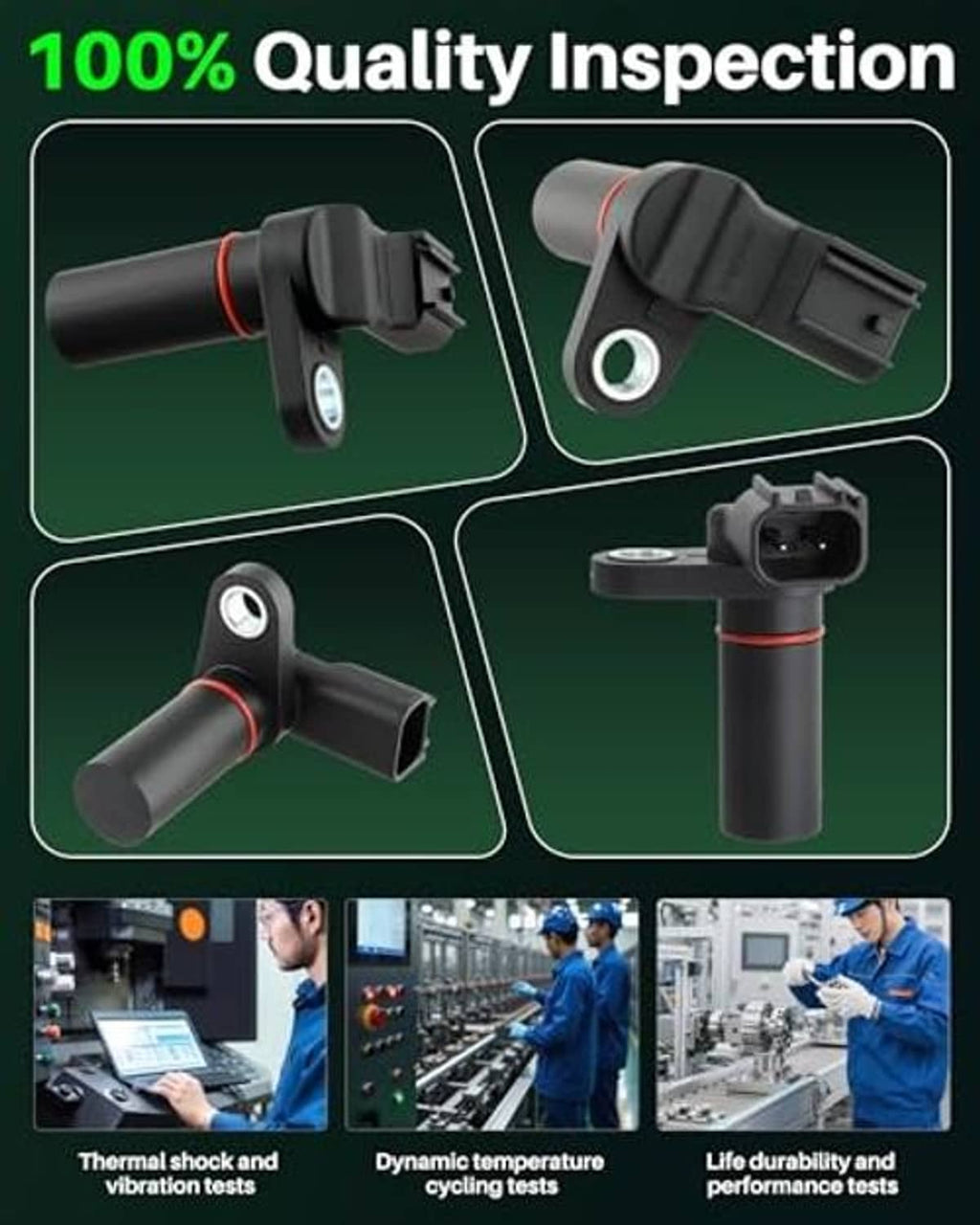 Camshaft position sensor quality inspection panel with close-ups of connector and sensor body