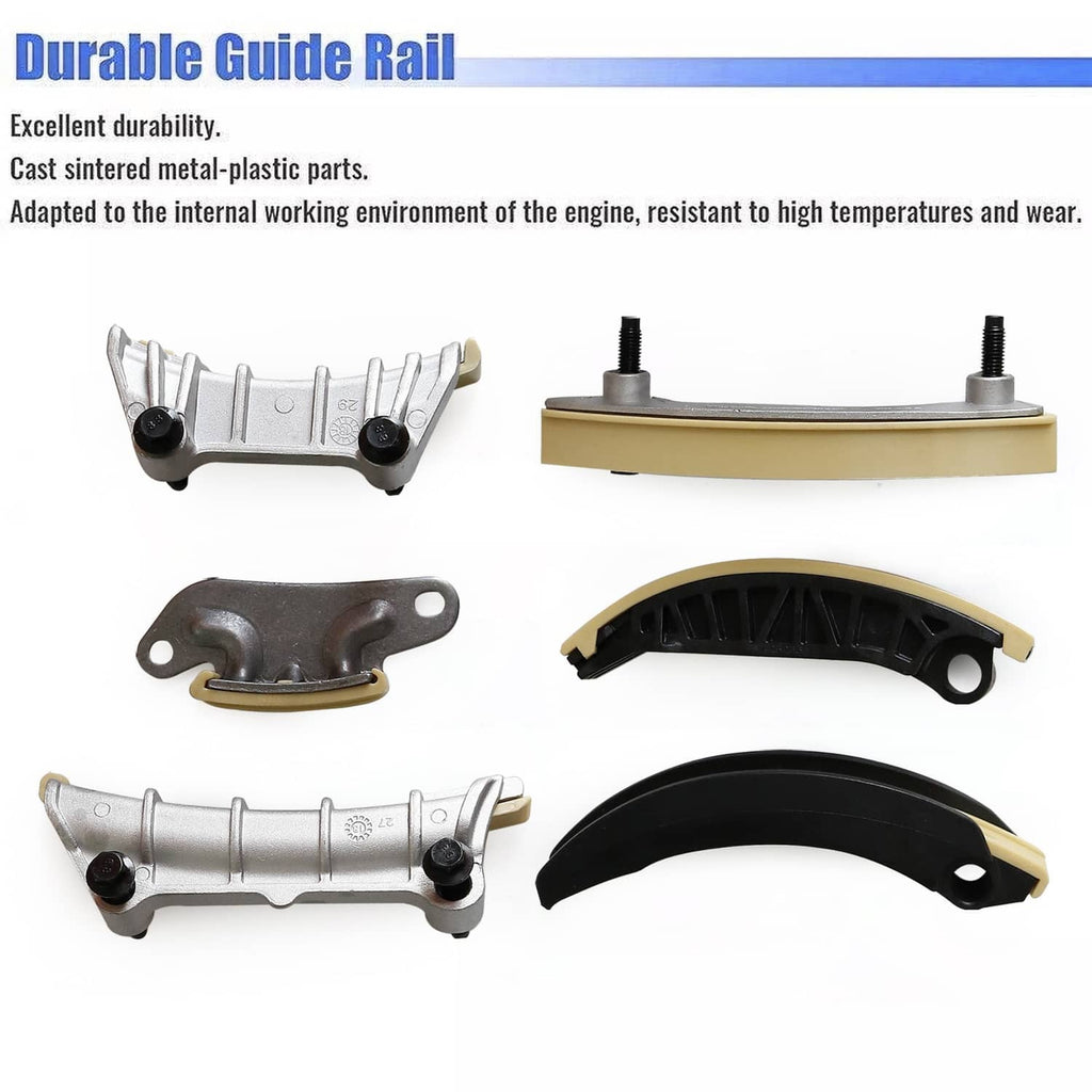 Timing chain guide and tensioner components with metal arms and black rail inserts