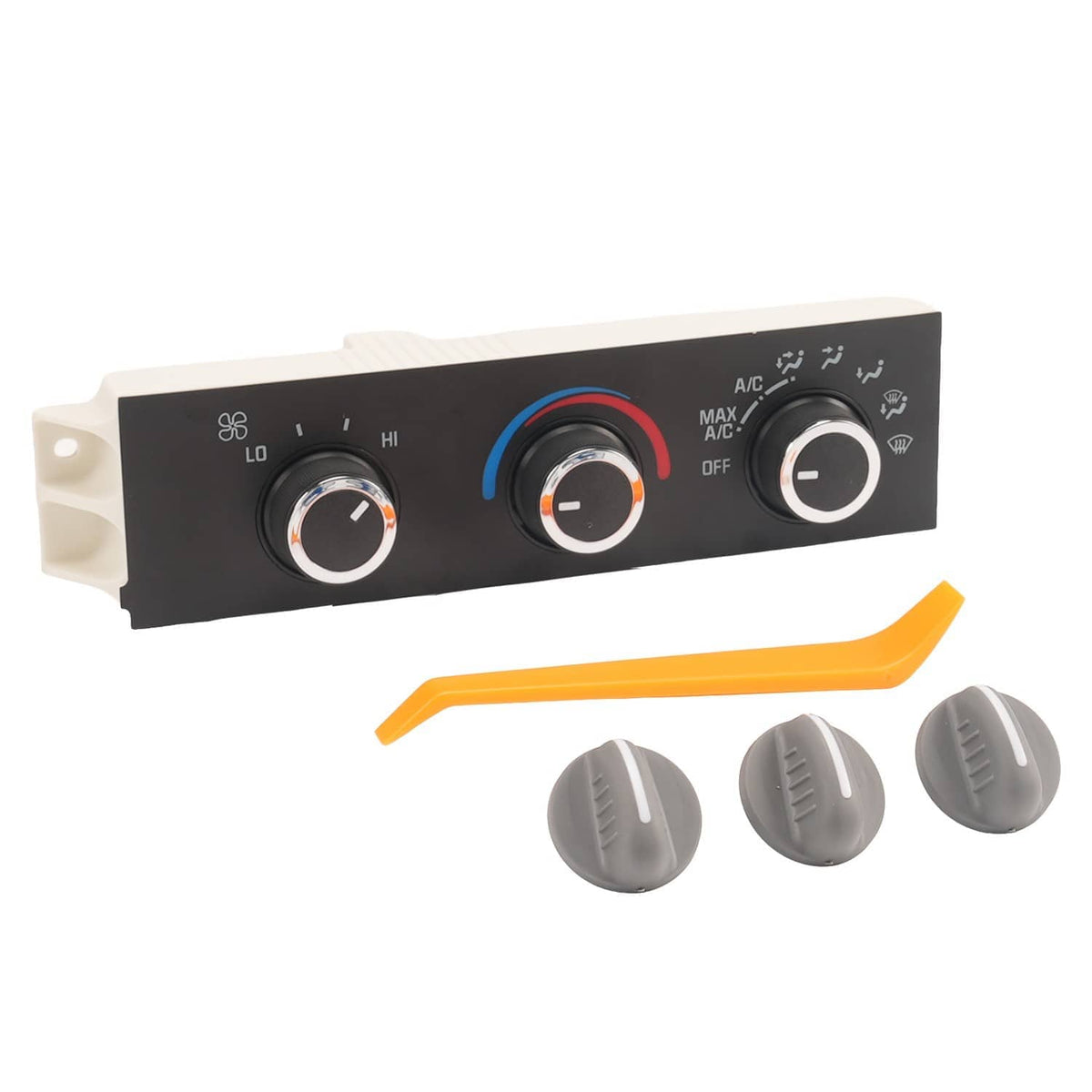 HVAC climate control module with black panel and three round control knobs