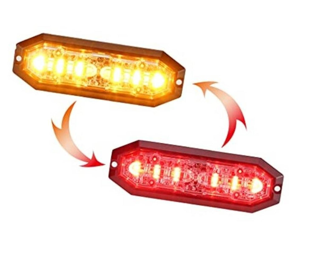 Surface-mount emergency strobe grille light showing amber and red LED illumination