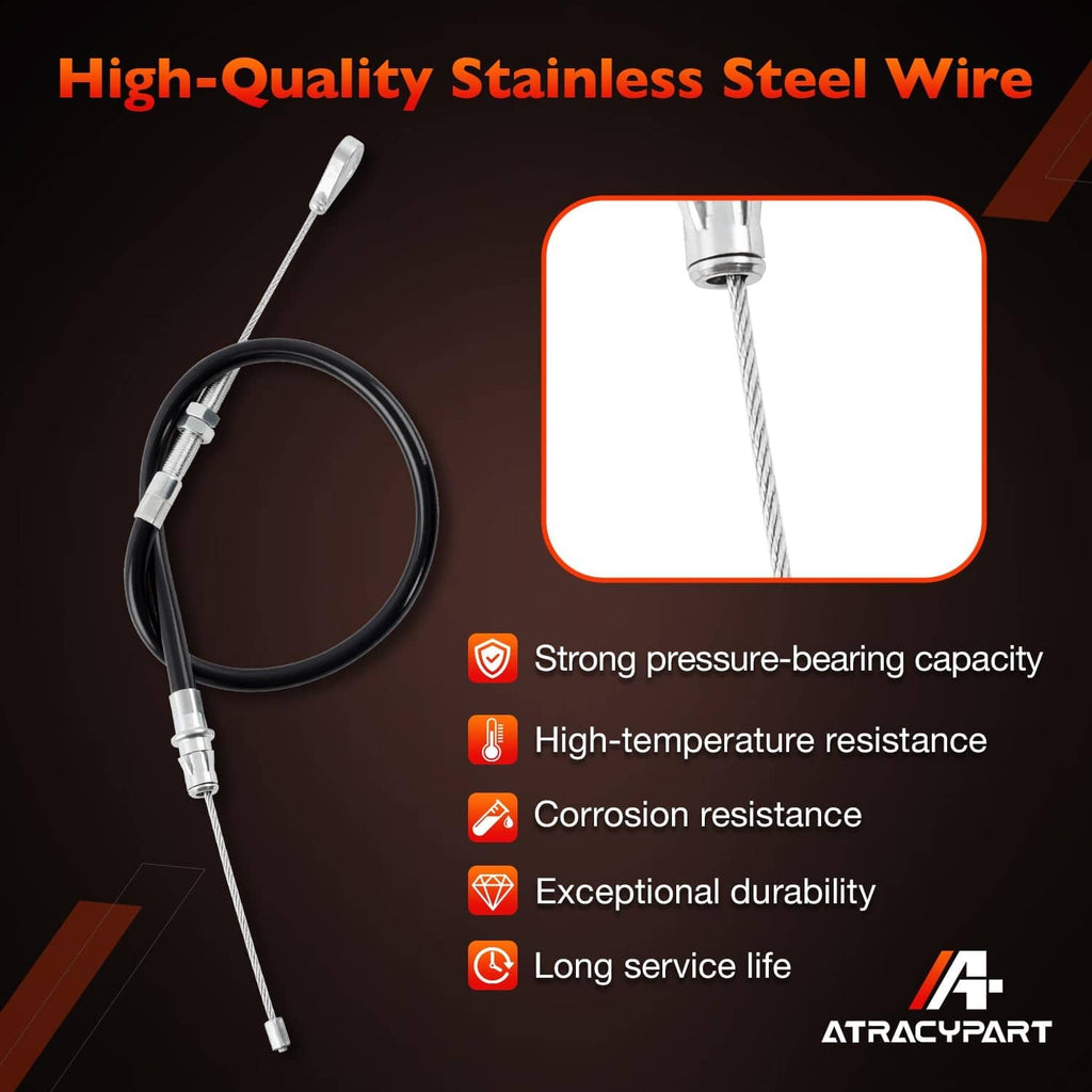 Stainless steel mower control wire with black cable housing and metal connector tips
