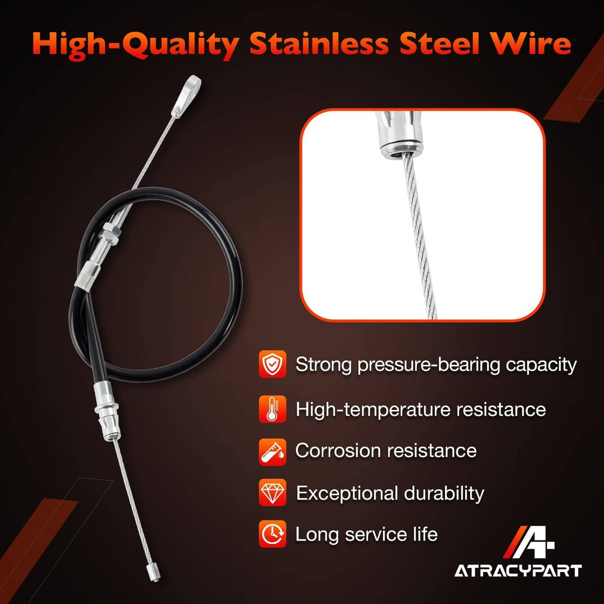 Stainless steel mower control wire with black cable housing and metal connector tips