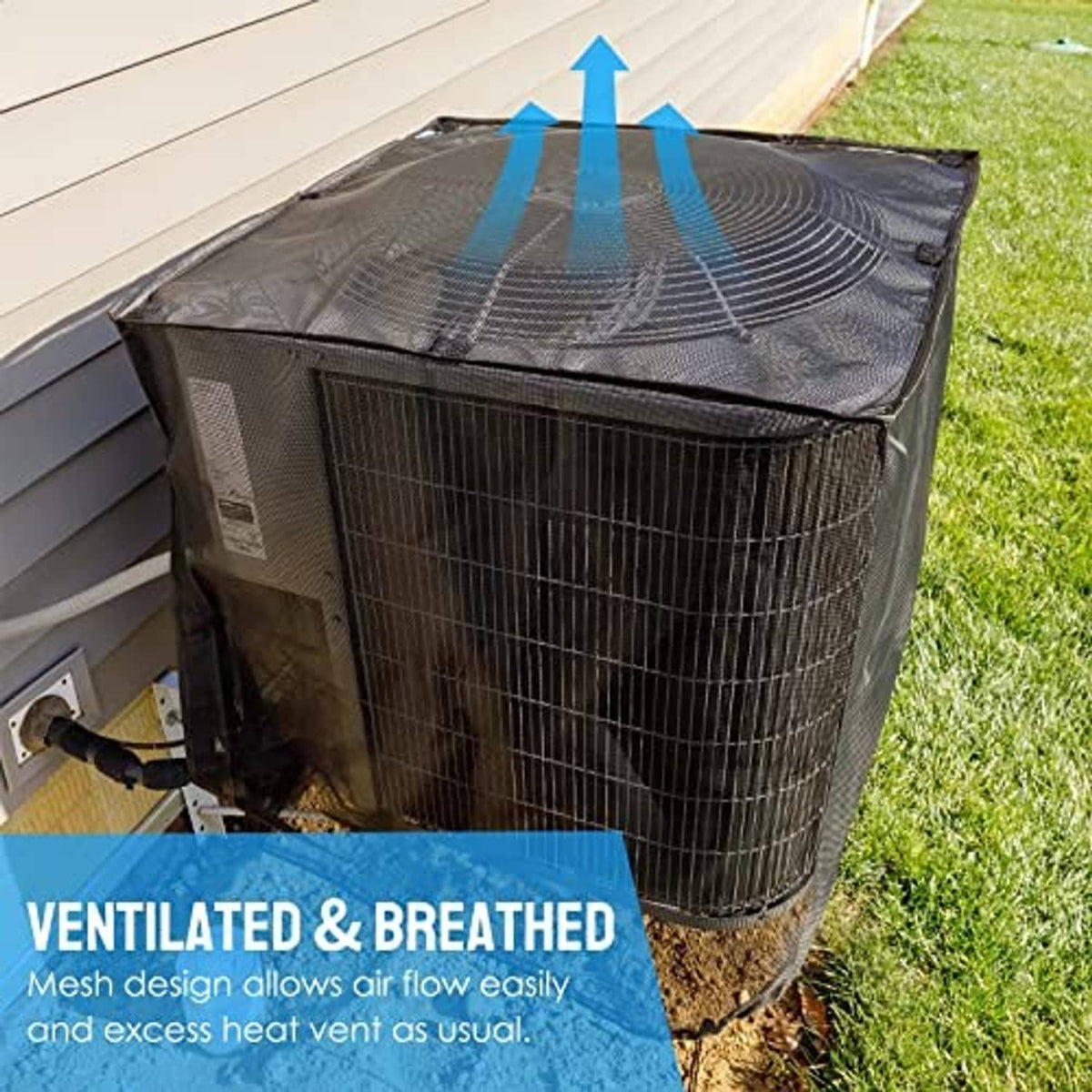 Mesh outdoor AC cover over unit with breathable top and secure side panels