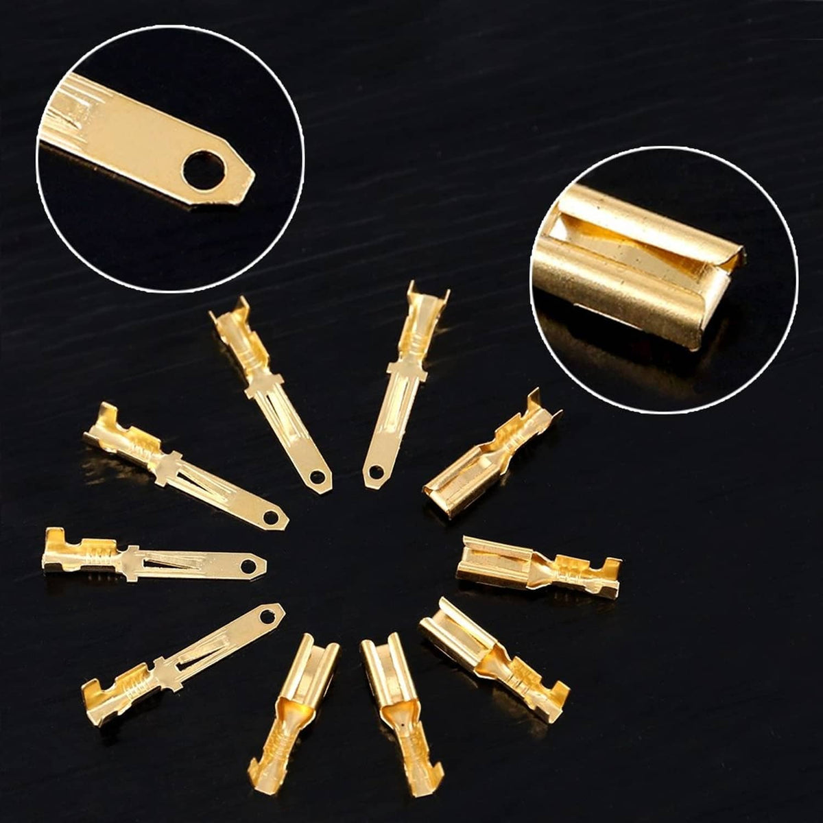 Gold metal crimp terminals with insulation tabs, assorted shapes in close-up