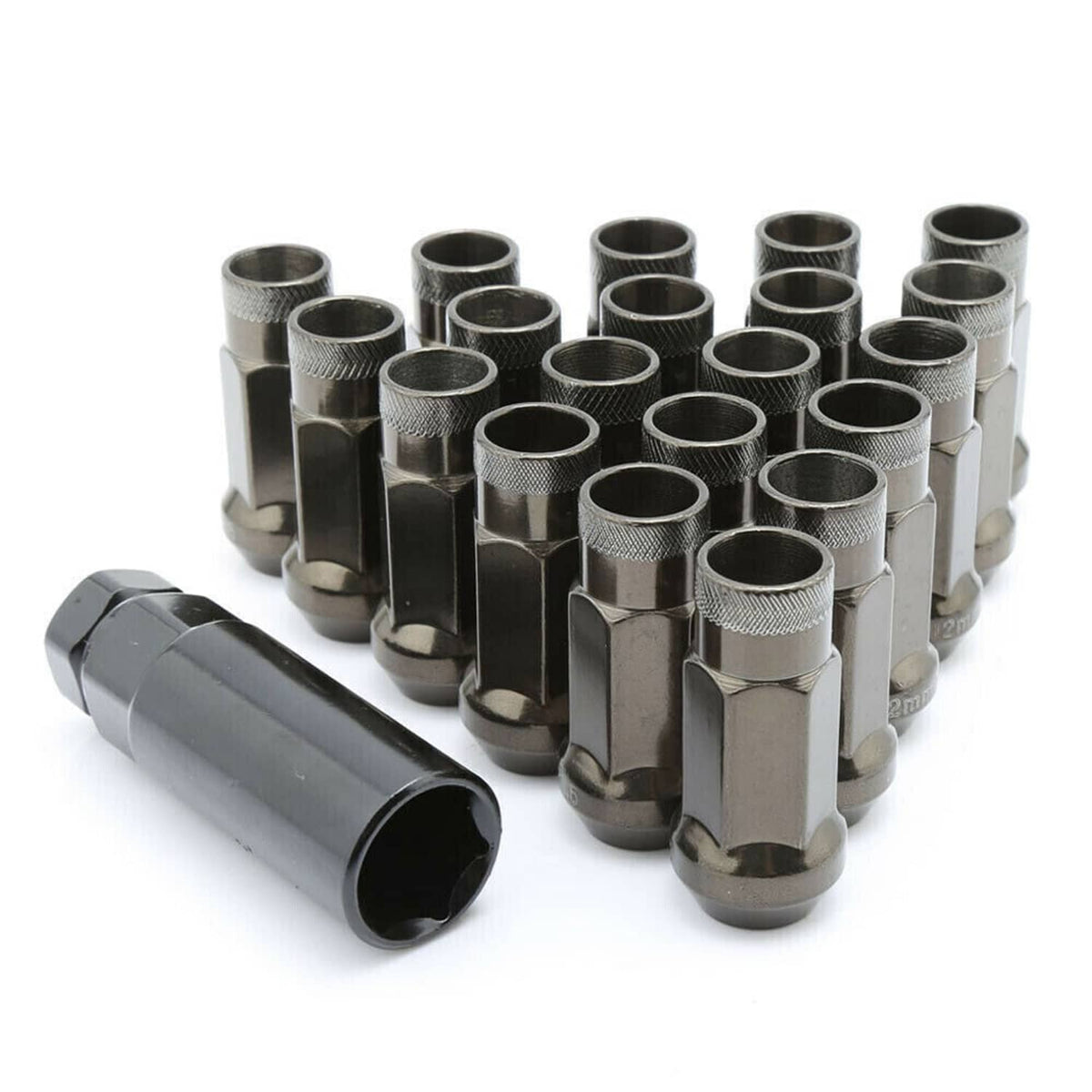 Chrome extended lug nuts set with knurled tops and one loose open-end sleeve