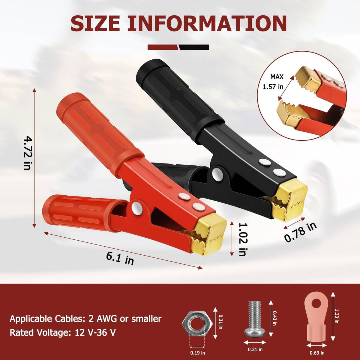 Red and black jumper cable clamps with gold brass contacts and protective insulation covers