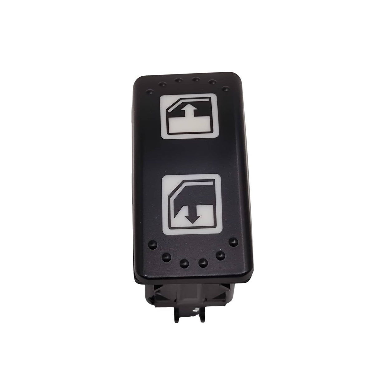 Black power window lift switch with two up/down window icons and mounting base