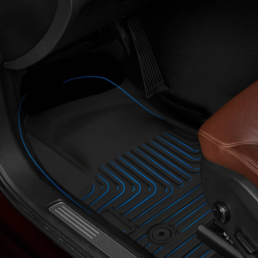 Black rubber floor mat with blue contour lines and deep ridged channels