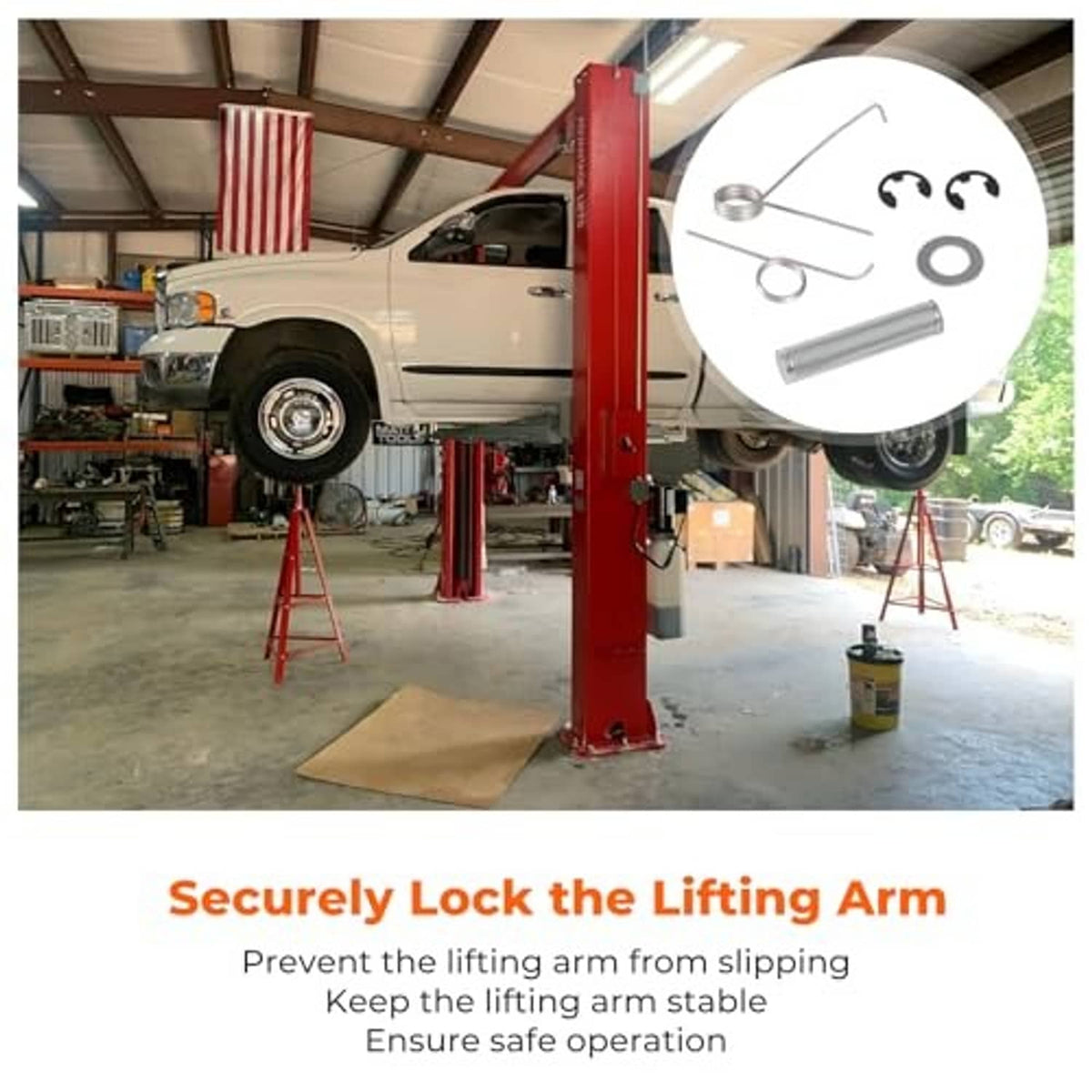 Latch shaft safety spring kit for lift operation, shown with springs and retainer rings