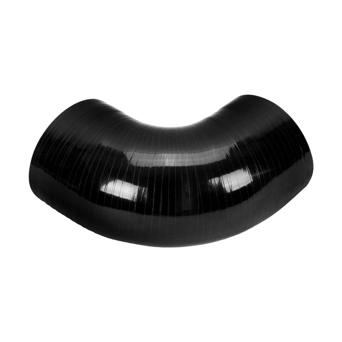 Black silicone hose elbow coupler, 90-degree shape with ribbed texture