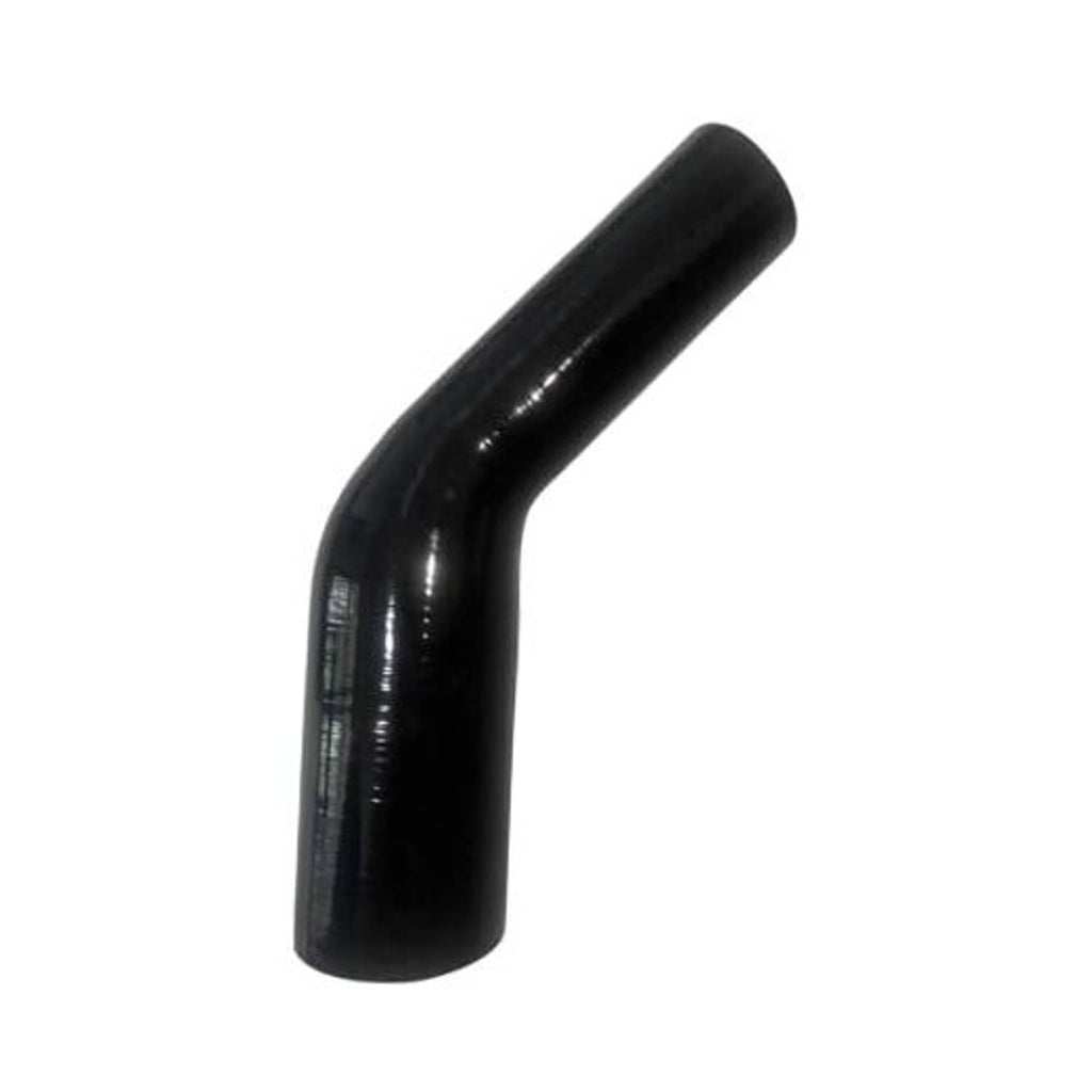 Black 45-degree silicone hose elbow coupler with smooth curved pipe section.
