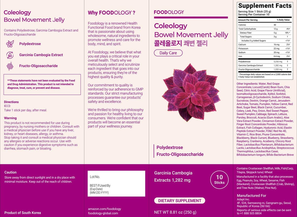 Grape bowel movement jelly product label panels with supplement facts box